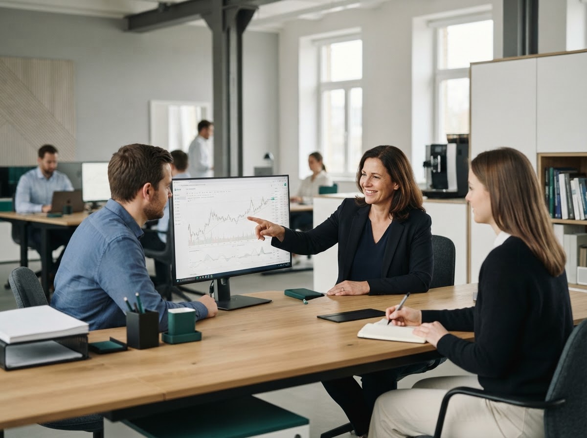 Dzekralvu Team bei der Analyse von Marktdaten am Bildschirm